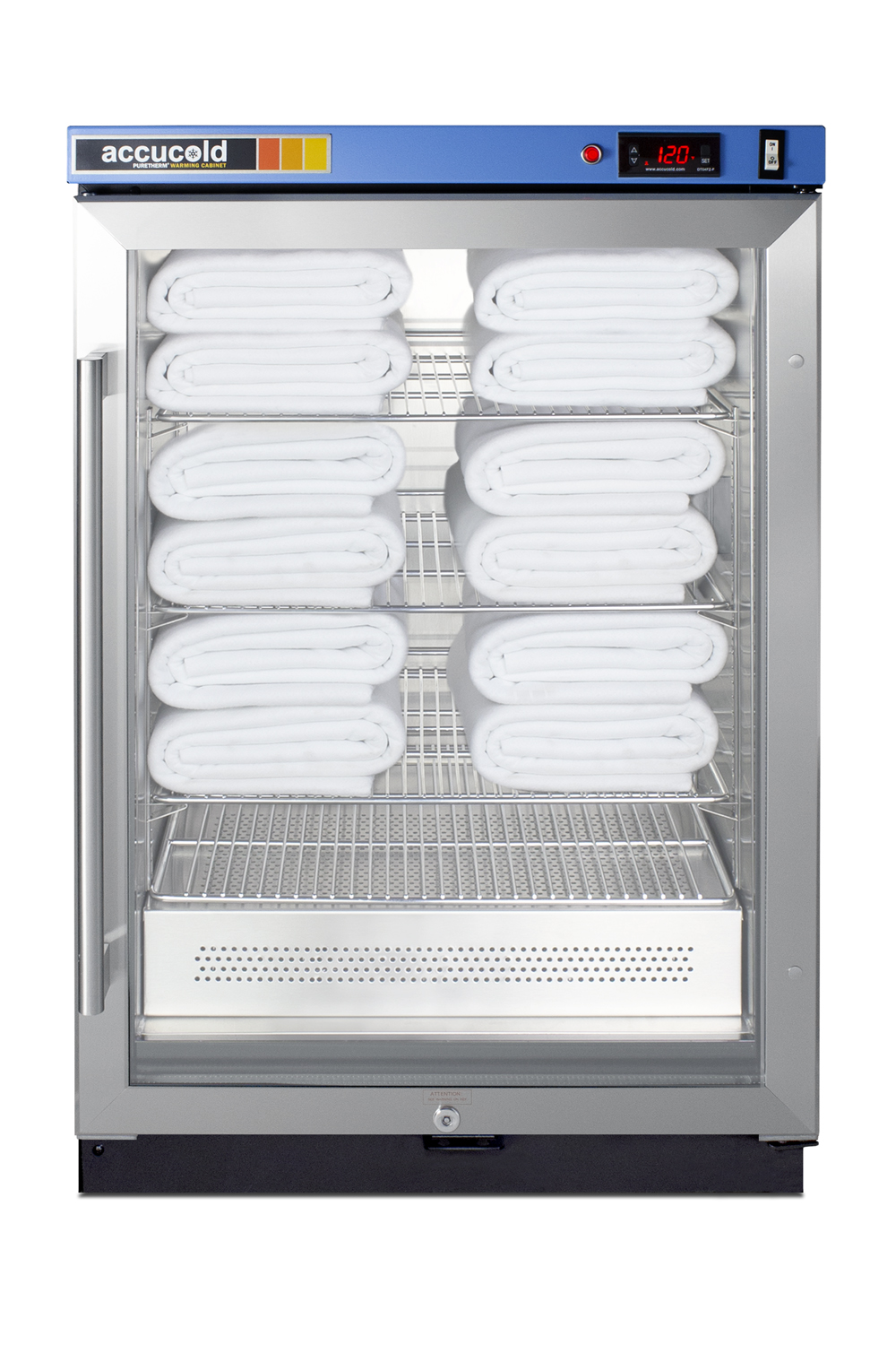 Single chamber passive heating blanket warmer with glass door, stainless steel interior and exterior, digital thermostat, and lock